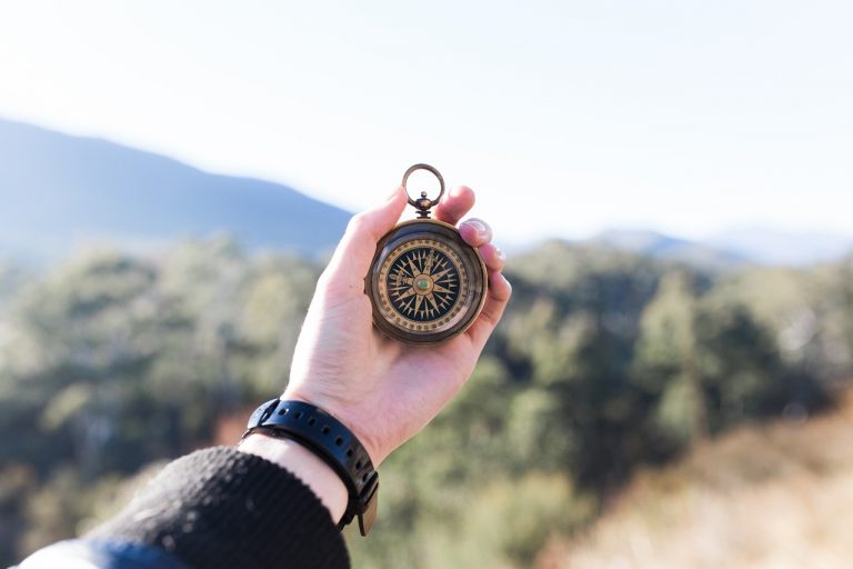 Hand holding a compass.